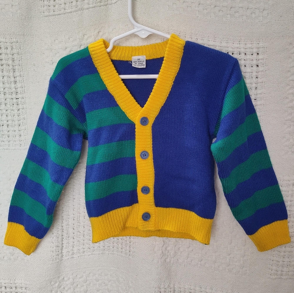 Vintage Football Bear Cardigan Jacket Striped Color Block Knit Size 3T